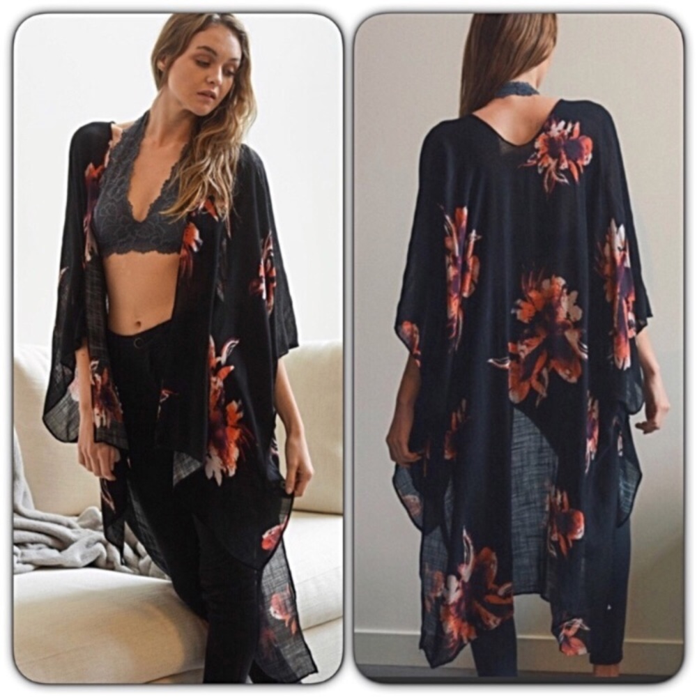 Boho Chic Black Floral Kimono With Armholes